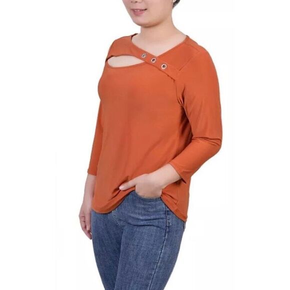 NY COLLECTION - 🎉2XHP🎉 NWT - L Sz L Petite 3/4 Sleeve Cutout Top/“Spice Route” - Picture 14 of 14